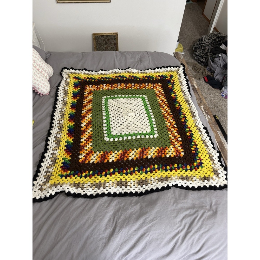 Handmade Vintage Crochet Blanket 70s Colors‎ Afghan Throw 45" x 51"